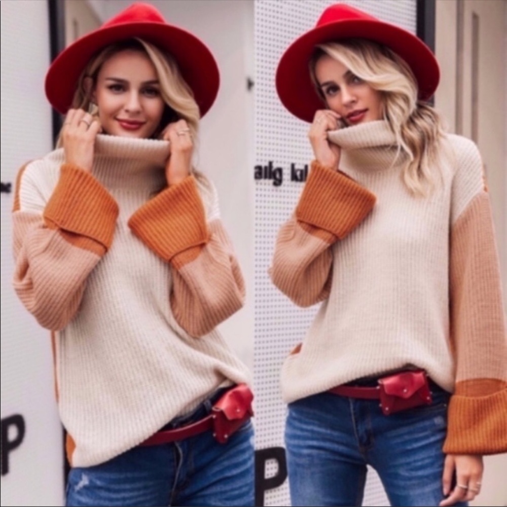 Color block turtleneck sweater- GREEN MIX - Picture 3 of 6